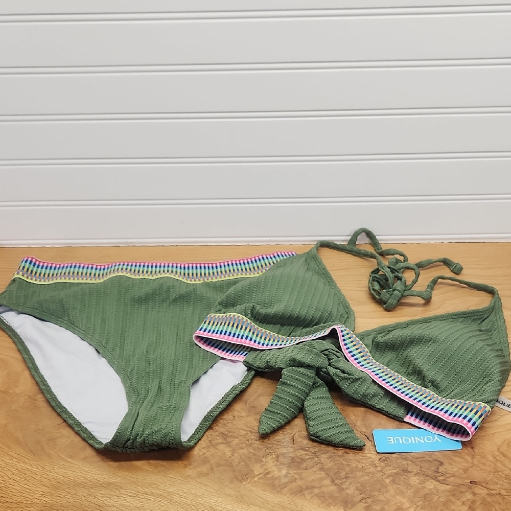 Yonique Green High Waisted Bikini Set with Rainbow Trim Size M NIB